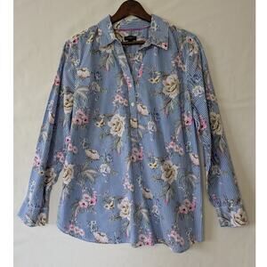 Talbots Womens‎ Blue Spring Floral Stripe Pop Over Blouse Size XLP Long Sleeves